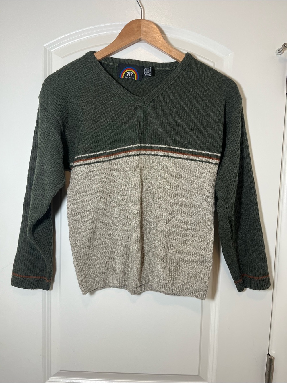 Vintage New Era Two-Tone V-Neck Sweater in Forest Green and Oatmeal
